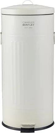 CHARLES BENTLEY Kitchen Bin, 30 Litre, Steel, Round, Retro Style, Kitchen Pedal Waste Bin, Cream, Contemporary, Aesthetic, Convenient, Side And Lid Handles, Inner Bucket, Easy Emptying (68.5x29cm)