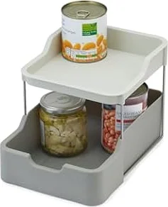 Joseph Joseph Duo 2-tier Cupboard Organiser with Drawer, Kitchen and Storage Organiser for Spices, Packets and Cans, Grey