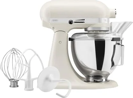 KitchenAid Tilt-Head Stand Mixer, 4.3L Stainless Steel Bowl, Full Metal Construction, Planetary Mixing Action, 10 Speeds, Pouring Shield, Whisk, Flat Beater & Dough Hook, Porcelain White