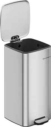 SONGMICS Kitchen Bin, 30L Stainless Steel Pedal Bin | Trash Bin, with Inner Bucket, Soft Close and Stays Open, Silver and Ink Black, PLUSHIC Collection LTB593E01