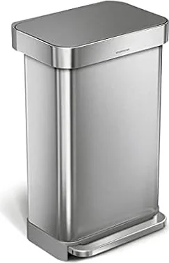 simplehuman 45L Rectangular Kitchen Pedal Bin with Liner Pocket, Silent Soft Close, Strong Pedal, Dent-Proof Lid, Brushed Stainless Steel with Grey Plastic Lid, W 40.5cm x H 65.5cm x D 33.8cm, CW2080