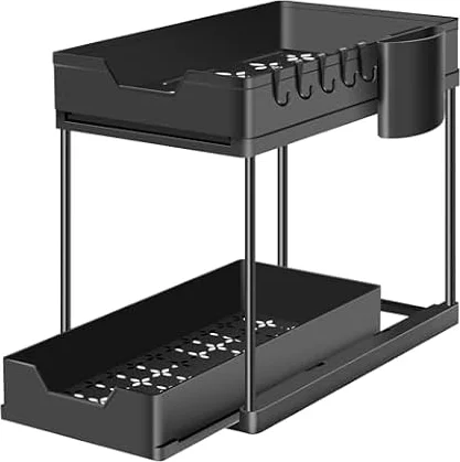Under Sink Storage Kitchen Storage and Organisation Cupboard Organiser 2 Tier Sliding Kitchen Storage Under Sink shelf, Multi-Purpose Organisation for Bathroom, Bottom Slide Out Basket Black (1 pack)