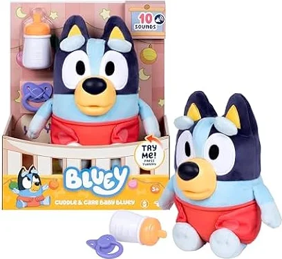Bluey Cuddle And Care Baby, Nurture, Feed, and Soothe Baby, 28 CM Electronic Plush Toy With 10 Different Sounds, With 2 Accessories and Removable Diaper, Blue