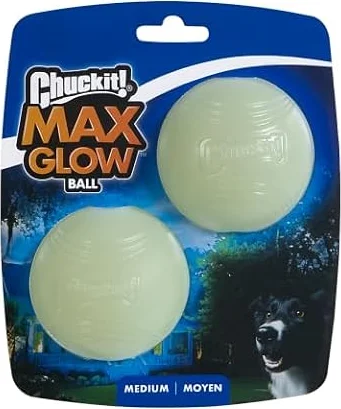 Chuckit! Max Glow Balls Glow in the Dark Dog Toy, Medium, 6.5 cm (2-Pack) | Durable Rubber, Compatible with Launchers, Interactive Fun, For Medium Dogs, Glows for 20-30 Minutes
