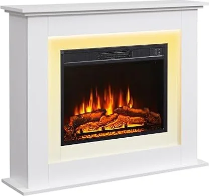 FLAMEKO 39" Electric Fire and Surround, Savannah White | 2kW heater, 3 flame effects, 13 mood lights, remote control, 7-day timer, no chimney needed