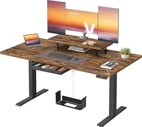 VASAGLE Electric Standing Desk, Height Adjustable, 140 x 70 cm | Flexible Monitor Stand and Drawer, USB-C Port, Sedentary Reminder, Rustic Brown and Black, Balok Collection LSD154KD02