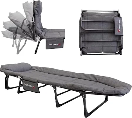 MoverX Folding Camping Bed, Reclining Cot with Backrest, 130kg, Grey