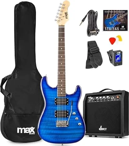 Max GigKit Beginner Electric Guitar Starter Kit, Dark Blue Quilt Top, Amp