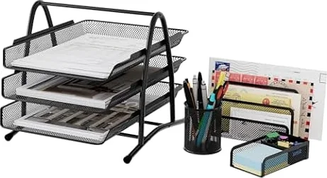 EasyPAG Office Desk Tidy 4 Piece Organiser Set - 3 Tier A4 Filing Tray,Pen Pot,Sticky Note Holder,Letter Sorter Rack,Black