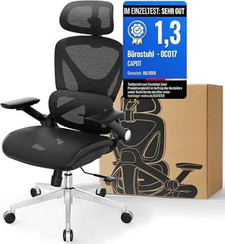 CAPOT Ergonomic Mesh Office Chair, Adjustable Lumbar High Back Desk Chair 400lbs, 4D Flip-up Arms, 3 Tilt Backrest, 3D Headrest, PU Wheels, Swivel Rolling Computer Seating for Long Desk Work