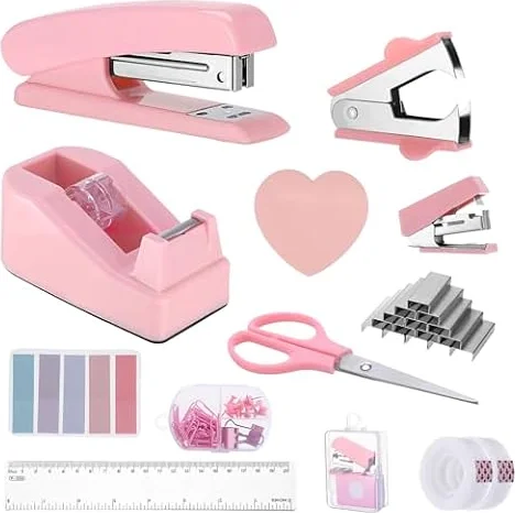 Candcamp Pink Desk Office Supplies Set Stapler Tape Dispenser