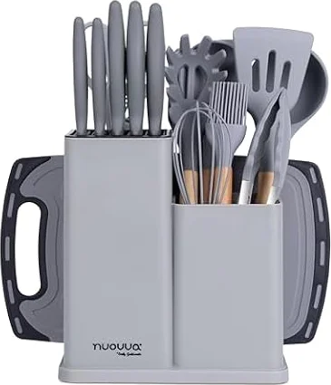 Cooking Utensils Set with Chopping Board – Knife Set with Block – Heat Resistant Silicone Utensils with Wooden Handle, Spoons, Ladles & Spatula – Kitchen Tools & Accessories – 17pcs, Grey – by Nuovva