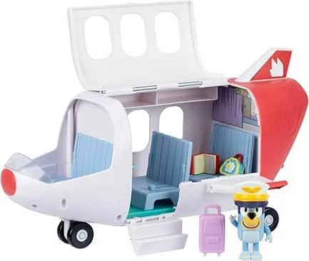 Bluey Adventure Plane, Airplane Toys, Pilot Figure and Accessories | Open side with fold-down stairs, family seating, and luggage storage in this airplanes for kids playset