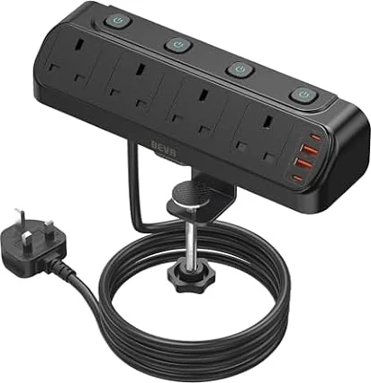 Desk Extension Lead 1.8M, BEVA 4 Way Switched Extension Socket with PD20W Charger(4 USB Ports), Desk Clamp Power Socket, Mountable Surge Protected Power Strip(13A 3250W) for Home Office-Black