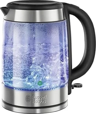 Russell Hobbs Illuminating Glass Kettle, 1.7L, Fast Boil, Black, 21600-10 | Brushed Stainless Steel Accents, 3KW, Washable Anti-Scale Filter, Button to Open Lid, Perfect Pour Spout