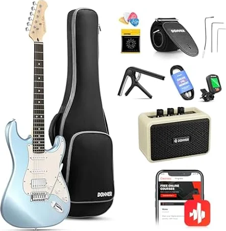Donner Electric Guitar, 39" Electric Guitar Kit HSS Pickup Coil Split, DST-152R Beginner Set with Amp, Bag, Capo, Strap, String, Tuner, Cable, Picks, Metallic Ice Blue
