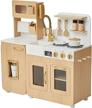 Teamson Kids Little Chef Cyprus Wooden Play Kitchen in Oak with Marble Counter, 14 Accessories, Click Knobs, Shelves & Hooks for Creative Role Play