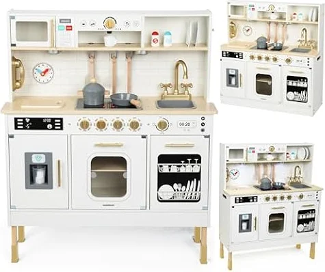 Mamabrum Wooden Kitchen for Kids 3+, Play Kitchen with LED Lighting, Pretend Play Toys, XXL Interactive Toy Kitchen with Microwave, Dishwasher, Coffee Machine, Oven, Sink, Faucet and Accessories