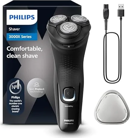 Philips Electric Shaver Series 3000X - Wet & Dry Electric Shaver for Men in Deep Black, with SkinProtect Technology, Pop-up Beard Trimmer, Ergonomic Men's Shaver (Model X3001/00)