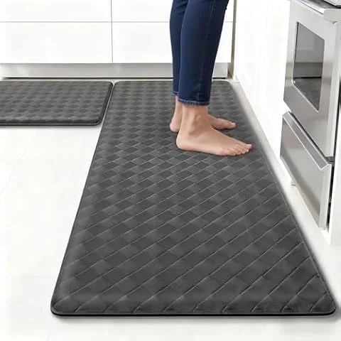 Kitchen Mat, 2 Pieces Non Slip Kitchen Rug Set, Anti Fatigue Soft Comfortable Standing Mat, Waterproof Oil Resistant Leather Cushioned Mats for Kitchen Floor Office (Grey, 44 * 75+44 * 150cm)