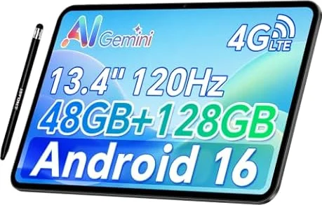 TECLAST 13.4" Large Screen Tablet, Android 16 Tablet, 48GB+128GB | 8GB Physical RAM｜2.2Ghz T7280 Octa-Core｜120Hz Display｜FHD+ IPS｜Cellular Connectivity｜GPS Navigation｜8000mAh