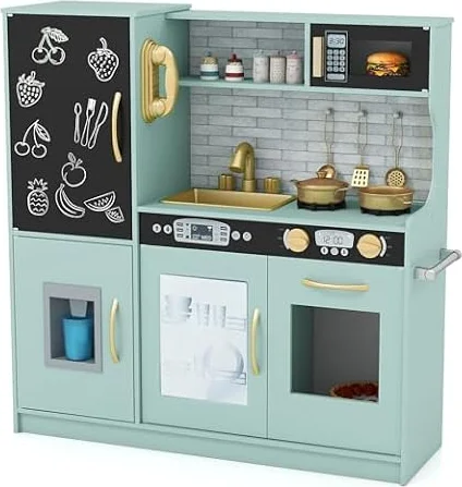 Maxmass Kids Play Kitchen, Wooden Children Pretend Kitchen with Ice Maker, Telephone, Chalkboard, Double Stoves, Dishwasher, Cookware Accessories, Toddler Boys Girls Cooking Toy Playset (Green)