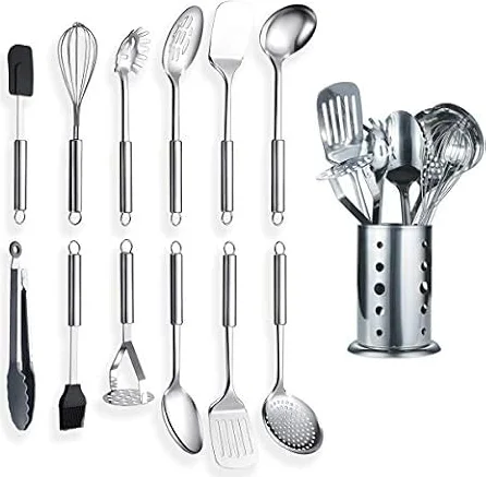 Berglander Stainless Steel Kitchen Utensil 12 Piece with 1 Stand, Cooking Spoon, Kitchen Tools Cooking Utensil with Holder. (13 Pieces)