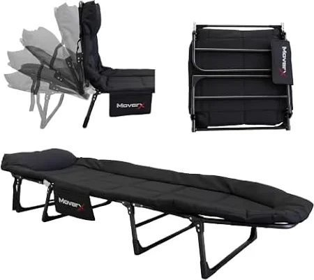 MoverX Folding Camping Bed, Reclining Cot with Backrest, 130kg, Black | Size: 196x67x36, Steel frame, Oxford fabric, Padded headrest, Side pocket, 5.2kg