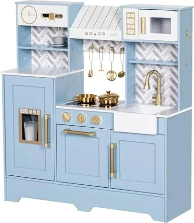 BRINJOY Play Kitchen, Children's Play Kitchens with Oven, Stove, Sink, Apron, Ice Maker, Cookware,Toy Kitchen Set for Toddler Girl Boy Age 3+，Kids Kitchen Blue (Blue)