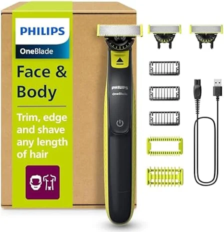 Philips OneBlade Hybrid 360 Blade Technology Electric Shaver for Face & Body, Beard Trimmer/Groomer with 3 x 360 Blade, 3 x Stubble Comb (1,3,5mm) & 1x Body Kit, Model QP2824/31