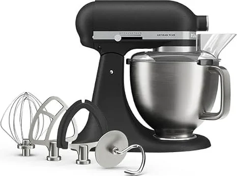 KitchenAid Artisan Plus 4.7L Stand Mixer, Tilt-Head Food Mixer with Stainless Steel Bowl, 10 Speed Settings, Dough Hook, Flat Beater & Wire Whisk Included, Cast Iron Black