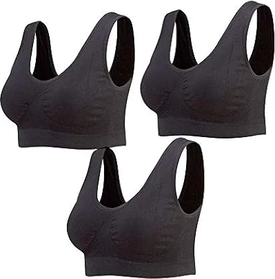 Lemef 3-Pack Seamless Sports Bra Wirefree Yoga Bra with Removable Pads for Women (3* Black, 2XL)