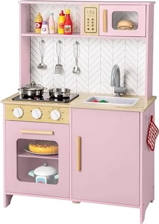 COSTWAY Kids Play Kitchen, Wooden Pretend Toy Kitchen with Lights & Sounds, Oven, Microwave, Sink, Faucet, Utensils, Children's Chef Role Play Set for Boys Girls (Pink)