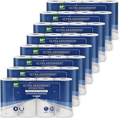 by Amazon Ultra Absorbent TAD Kitchen Roll, 32 Rolls (8 Packs of 4), 51 Sheets Per Roll