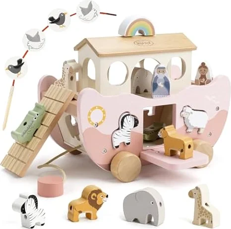 Joyreal Noahs Ark Wooden Toy - Christening Gifts for Girls Boys, Baptism Gifts, Montessori Toys for 1 2 3 Year old, Stacking Baby Toys, Farm Animals Shape Sorter Toddler Toy