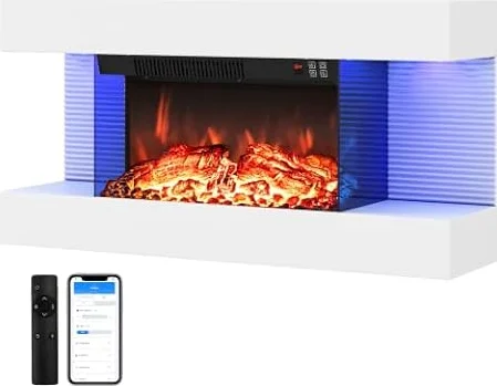 TANGZON Electric Fireplace, Wall Mounted Electric Fire Suite with WiFi | 3 Sided Glass, White Mantel, 750W 1500W Heater, 12 Flame Colours, Thermostat Timer and Remote for Living Room Home