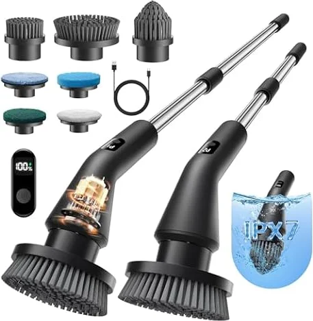 Leebein Electric Spin Scrubber, 2026 Upgraded Electric Cleaning Brush, IPX7 Waterproof Shower Scrubber with 7 Brush Heads, Extendable Long Handle and 2 Speeds Scrubber for Bathroom Floor Kitchen