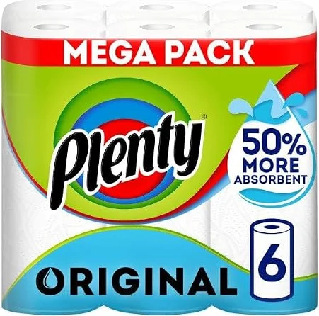 Plenty Kitchen Towel, 6 White Rolls, 600 Sheets of Kitchen Roll, 2-Ply Tissue