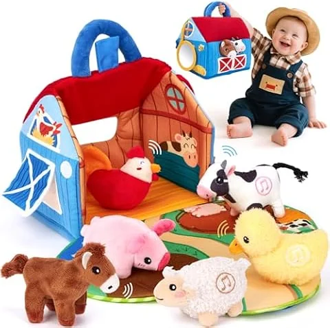 hahaland Baby Toys 6-12 Months Plush Farm Animal Sound Sensory Toys | Interactive Baby Barn Set with Crinkle, Mirror, Montessori Early Learning Toys for 1 Year Old, Travel Toys Gifts Boys Girls