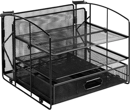 Amazon Basics Mesh Desk Organiser with 3 Trays, Rectangular Desk Tidy for Office Accessories, Sliding Drawer and Hanging File Holder, Black