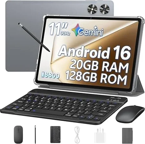 11 Inch Tablet, Android 16 Tablet With 20GB RAM+128GB ROM (1TB Expandable), Octa-Core, 90Hz IPS Incell Display, 8800mAh,13MP+8MP Camera, 5G WiFi, BT 5.0, Gemini AI Tablet with Keyboard+Mouse, Gray