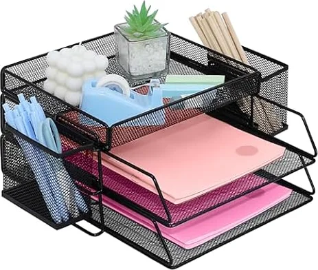 ideallife Letter Trays Stackable with Top Stationery Holder, 2-Tier Metal Desk Organizer Tray with 2 Pen Holder, Paper Filing Tray for Office Supplies - Black