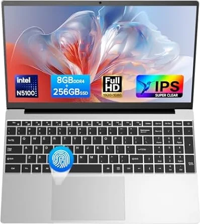 Traditional Laptop Computer 15.6" FHD,Celeron N5100,8GB RAM 256GB SSD,Backlit Keyboard Fingerprint Reader Business Student Laptop,Long Battery Life Lightweight Notebook for Work School (Silver)