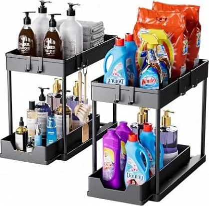 Bnimtm 2 Pack Under Sink Storage Kitchen Organiser - Sliding Drawer Pull Out Organiser with Hooks, Under Sink Shelf Caddy for Kitchen Bathroom