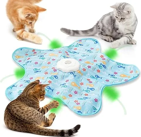 DOLLGIFT Interactive Cat Toys for Indoor Cats Adult kitten, Automatic Hide and Seek Cat Toy with Moving Feather and Mouse Squeaky for Indoor Kittens, USB Rechargeable, Blue