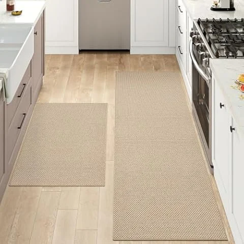 DEXI Kitchen Rugs Set of 2, Non-Slip, 43 x 75 cm + 43 x 150 cm, Beige