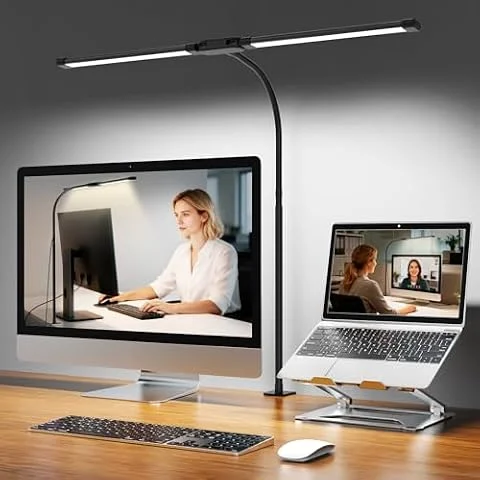 Woputne Flexible Dual Head LED Desk Lamp, Super Wide & Bright 960LM, 12W | 5 Color Modes x 10 Brightness Levels; Wide Angle; Computer Monitor Table Light with Clamp for Office Study Crafts Drawing