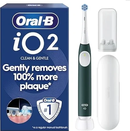 Oral-B iO2 Electric Toothbrush for Adults, Forest Green, with Travel Case | 1 Gentle Care Brush Head, Travel Case, Travel Refill Holder, Designed by Braun, UK 2 Pin Plug
