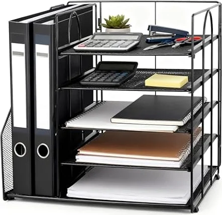 Esyhomi Desk Organiser with File Holder, 5-Tier Paper Tray Organiser, Mesh Desktop Storage with Magazine Holder for Books, Documents, A4 Files, Letter Magazine Tray for Home Office Supplies