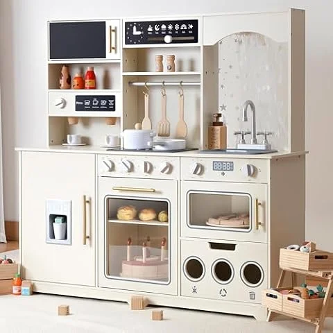 besrey Wooden Play Kitchen for Kids 3+, Toy Kitchen with Lights & Sounds